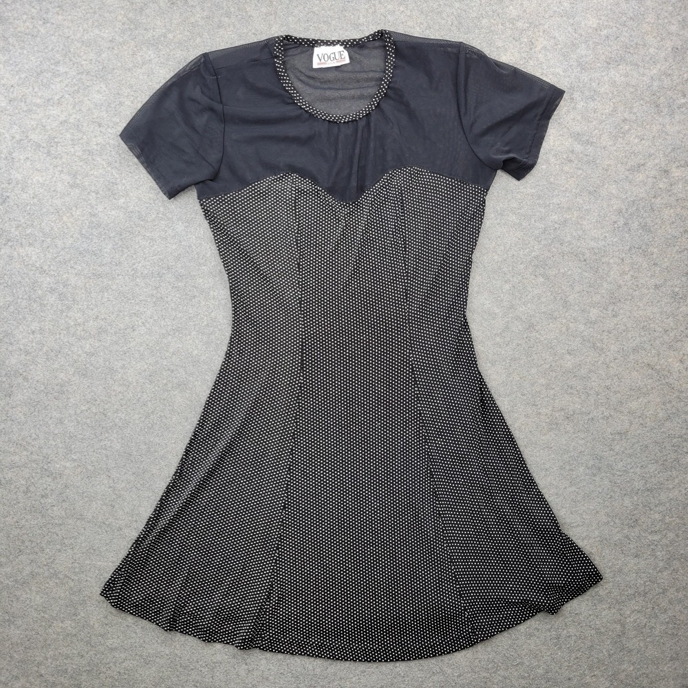 Vogue Dress Womens Large Black Mesh Polka Dot Fit & Flare Short Sleeve Crew Neck